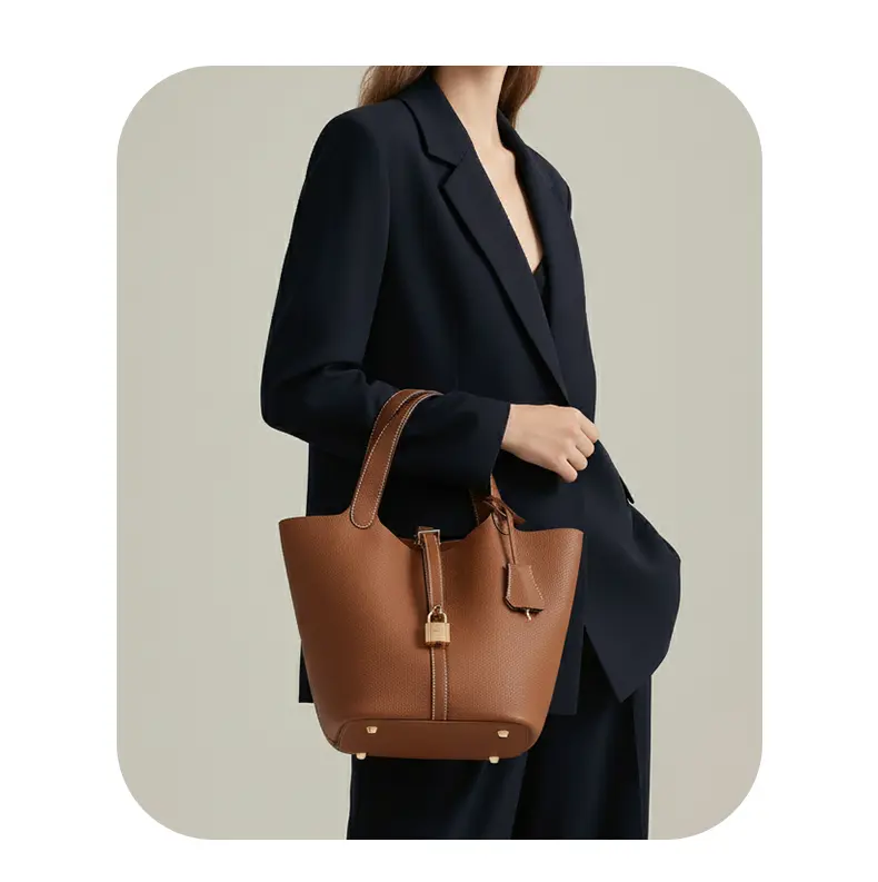 SADI Women's Genuine Cowhide Leather Solid-Color Drawstring Bucket Handbag - Genuine Leather Built for Daily Wear, Solid Color Looks Clean and Refined, 22 cm Capacity, Water-Resistant, with Small Storage Pouch, Classic Mom Bag (Do Not Wash)