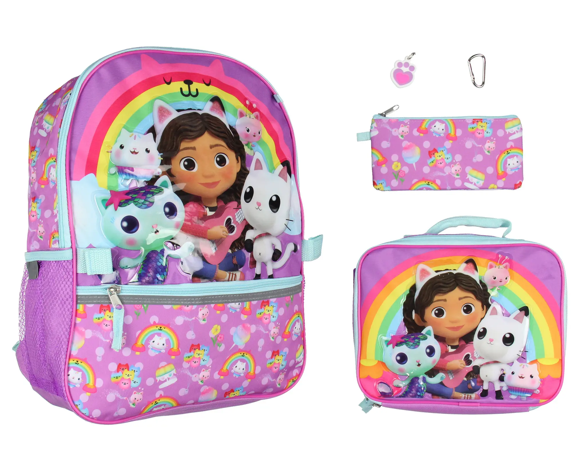 Gabby's Dollhouse Backpack Gabby Cat Friends Raised Character Backpack Set Lunch Box Water Bottle 5 Piece For Kids 16"