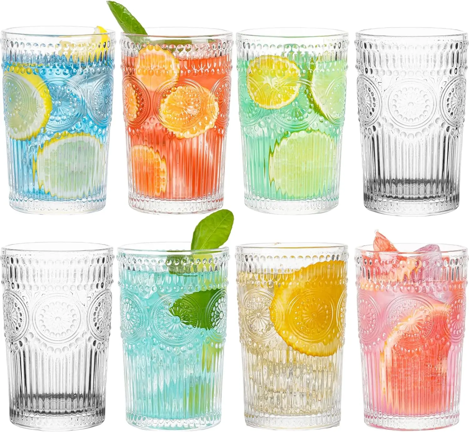 Vintage Drinking Glasses, 8 pcs Embossed Designed Highball Glasses, 13.5oz Glass Cups, Tall Water Glass Tumbler, Mojito Cup, Cocktail Glass, Vintage Glassware Set for Juice, Cocktail, Whiskey