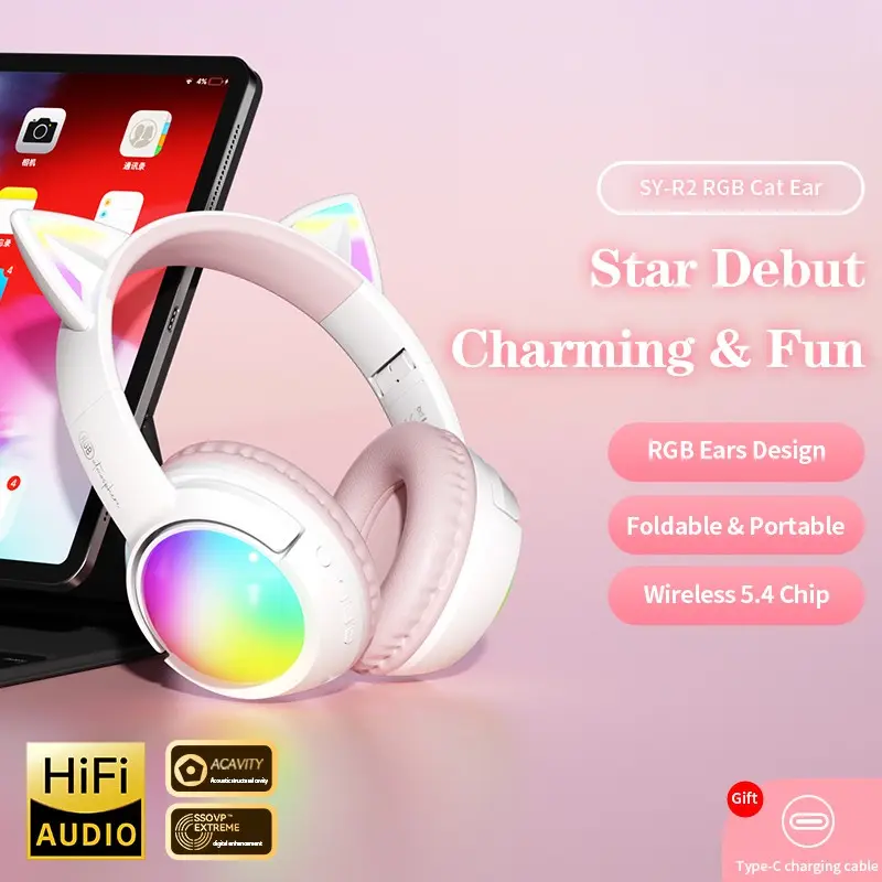 R2 New Cute Cat Ear Wireless Bluetooth-compatible Headset, Foldable Glowing Stereo Sound, Long Battery Life, Universal for Adults and Kids, Foldable Hifi Headphones, Wireless Bt Headset, Wireless Audio Headphones
