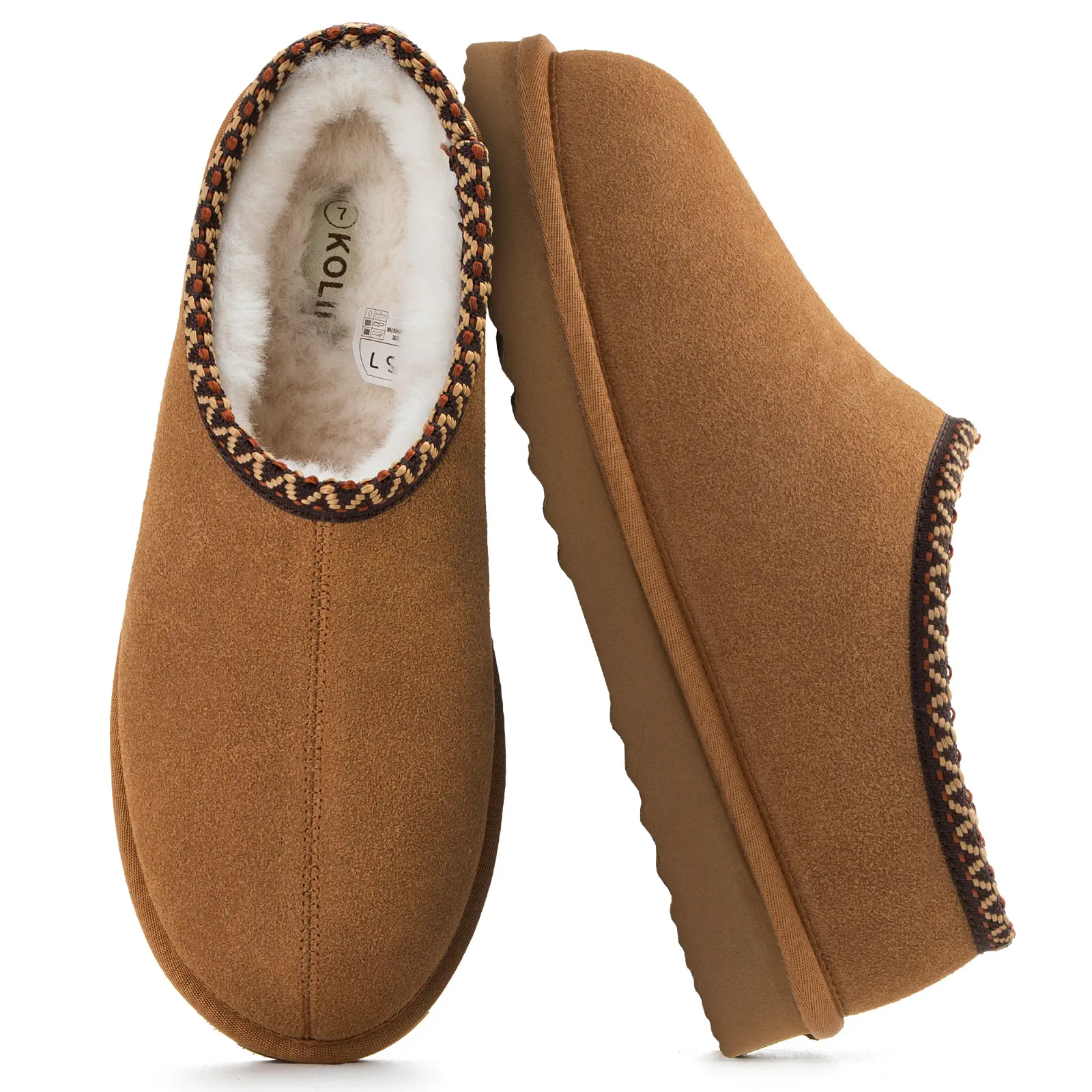 KOLILI Women's Suede Cowhide Minimalist Clog Slippers - Winter Warm Fur-Lined Slip-On Mules, Indoor/Outdoor Non-Slip Rubber Foam House Shoes, House Slippers