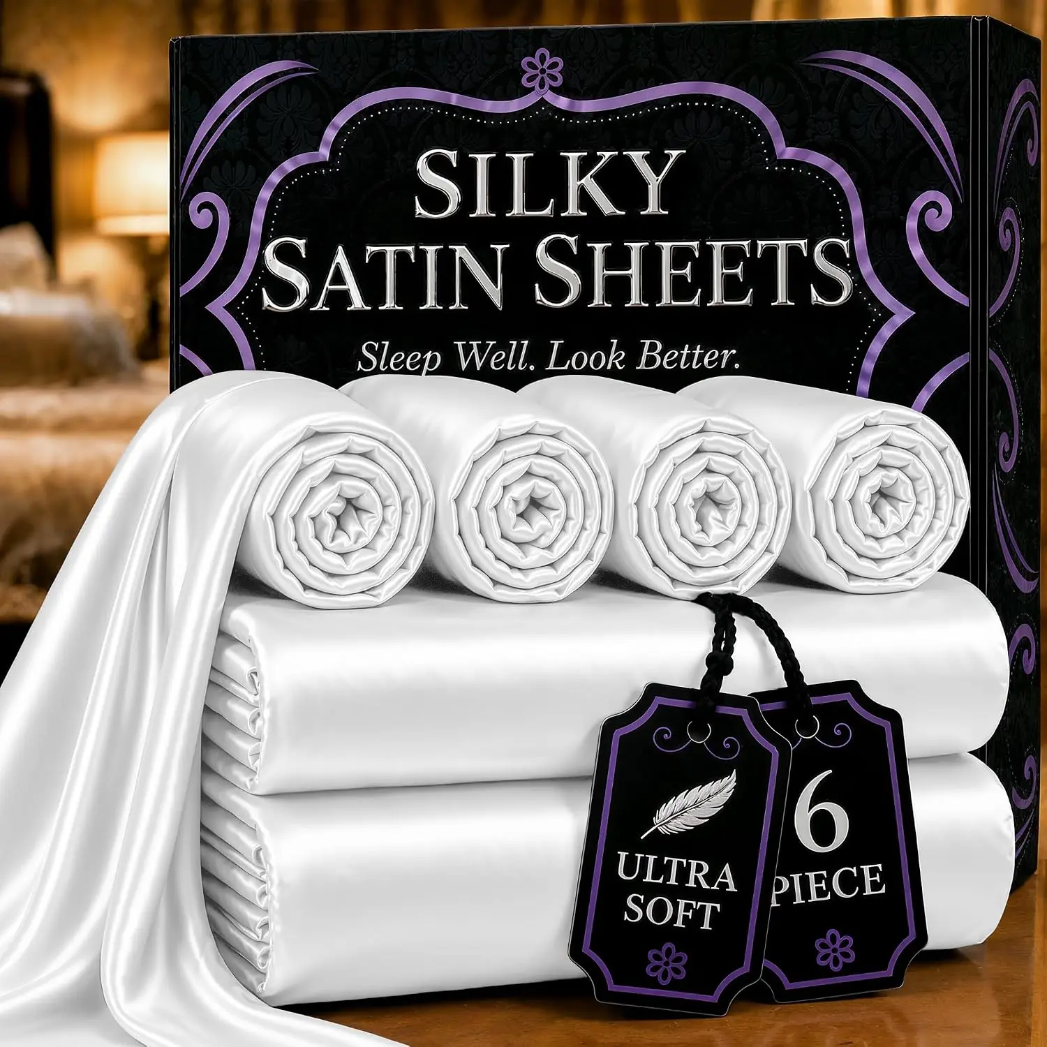 DECOLURE 6-Piece Polyester Satin Bedsheet Set - 15in Deep Fit Fitted Sheet, Wrinkle-Resistant, Fade-Resistant, Machine Washable, Low Fuss, Hair-Safe, Cool All Night, Bedding Sets Gift for Women
