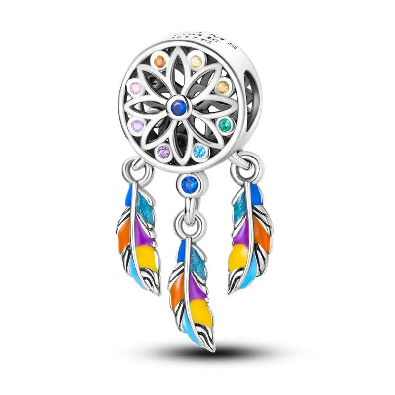 MULA Mystical Dreamcatcher Pendant - 925 silver plated vibrant gemstone and feather pendant, unique gift for women, fits pandora bracelet