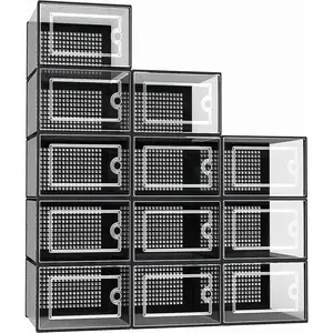 X-Large Shoe Storage Boxes Organizers Clear Plastic Stackable 12 Pack, Shoe Rack & Holder Substitute, Sneaker Containers, Toy Storage Organizer Bins for Entryway, Closet, Under Bed, Black