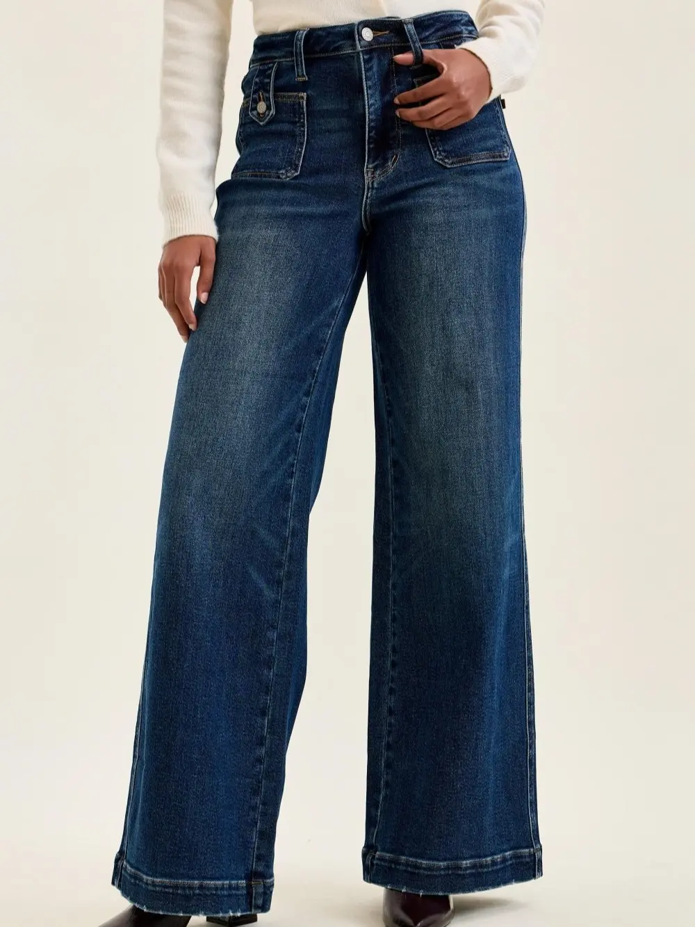 Judy Blue High Waist "lux" Retro Wide Jeans with Front Patch Tab Closure Dk Fade Indigo