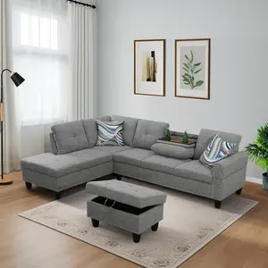 【3 Packages Shipping】Linen Sofa Set, Modern Brown & Grey Living Room Couch, Comfy Upholstered Sectional Furniture for Apartment & Small Space
