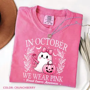 Comfort Colors In October We Wear Pink Ghost T-shirt, Breast Cancer Awareness Tee, Halloween Ghost Tshirt, Cancer Pink Ribbon Gift