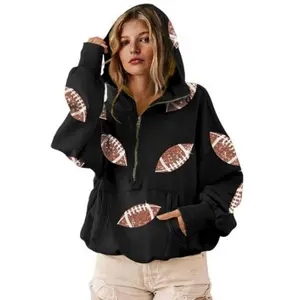 Women's Football Sequin Hoodie Half Zip Long Sleeve Rugby Patch Game Day Hooded Sweatshirt Comfort Soft Fabric Daily Wear Sports Events Outings Fall Winter Style Lounge Wear Stylish Ladies Womenswear