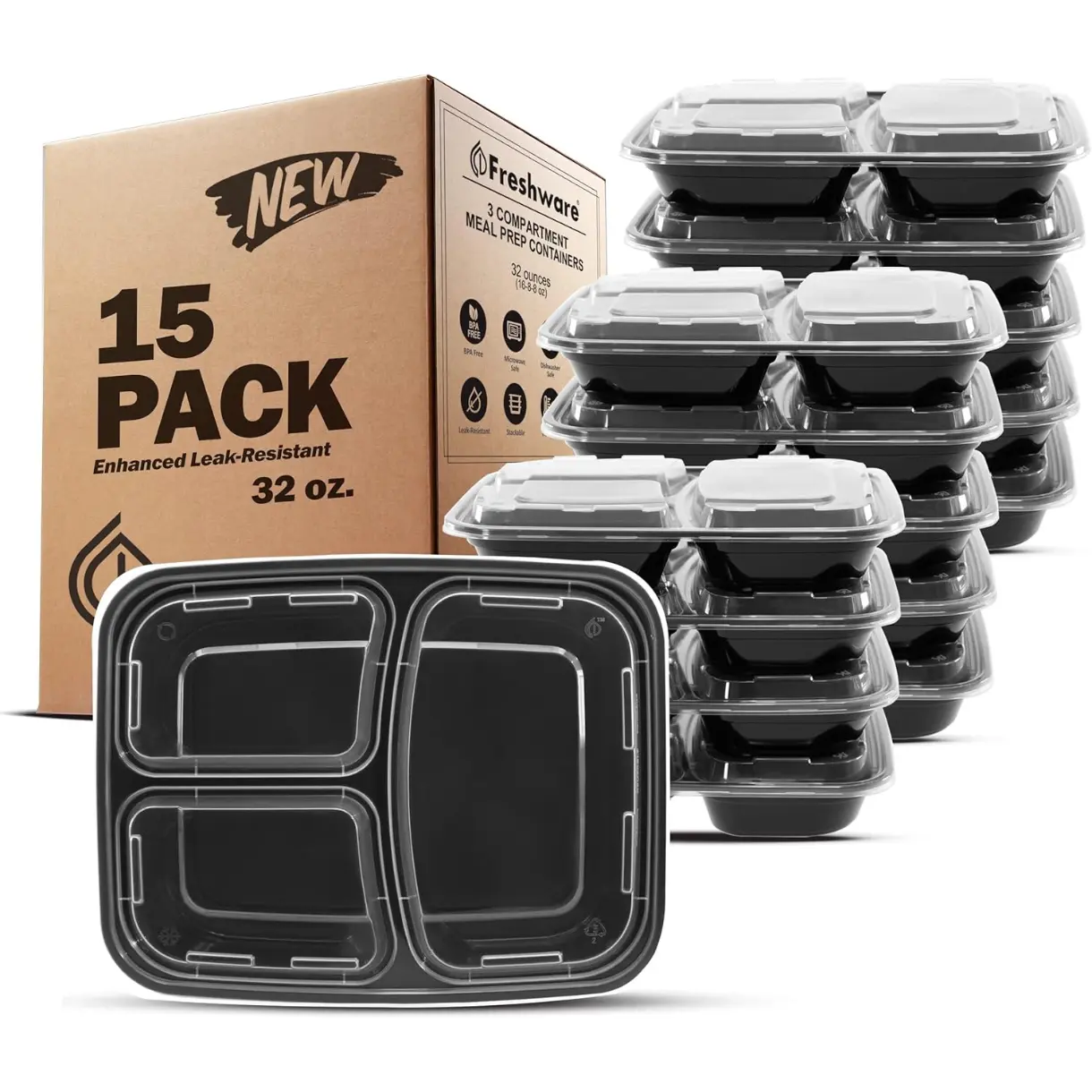15 Pack Meal Prep Containers 3 Compartment with Lids, Food Containers, Lunch Box, Stackable, Bento Box, Microwave/Dishwasher Safe (32 oz)