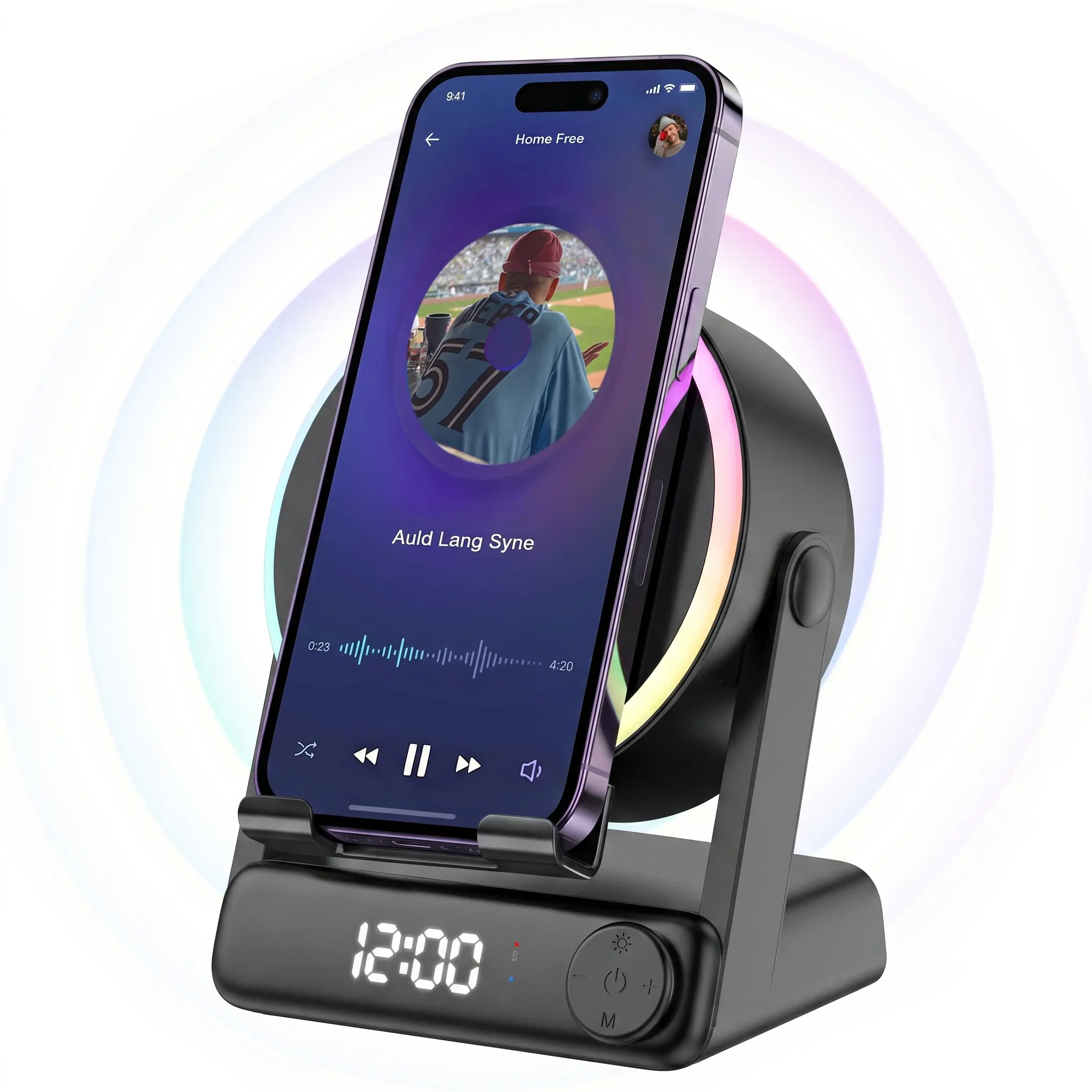 MFHHFM 5 in 1 Wireless Induction Speaker with Phone Stand, Bluetooth Speaker, Digital Alarm Clock, Stereo Sound Amplifier, RGB LED Night Light, 360° Adjustable Holder for iPhone, Android & iPad, Tech Gifts for Men Women Teens