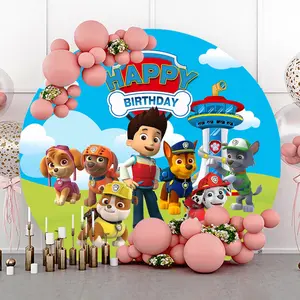 Hobaner Round Dog Paw Theme Photo Booth Banner 7.2ft for Kids Birthday Party Decorations Durable Tension Fabric Easy Setup Photo Booth Backdrop