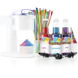 S700 -Friendly Snow Cone Machine Kit with 3-16oz. Syrup Flavors: Cherry, Grape, and Blue Raspberry, Plus 25 Snow Cone Cups, 25 Spoon Straws, and 3 Black Bottle Pourers