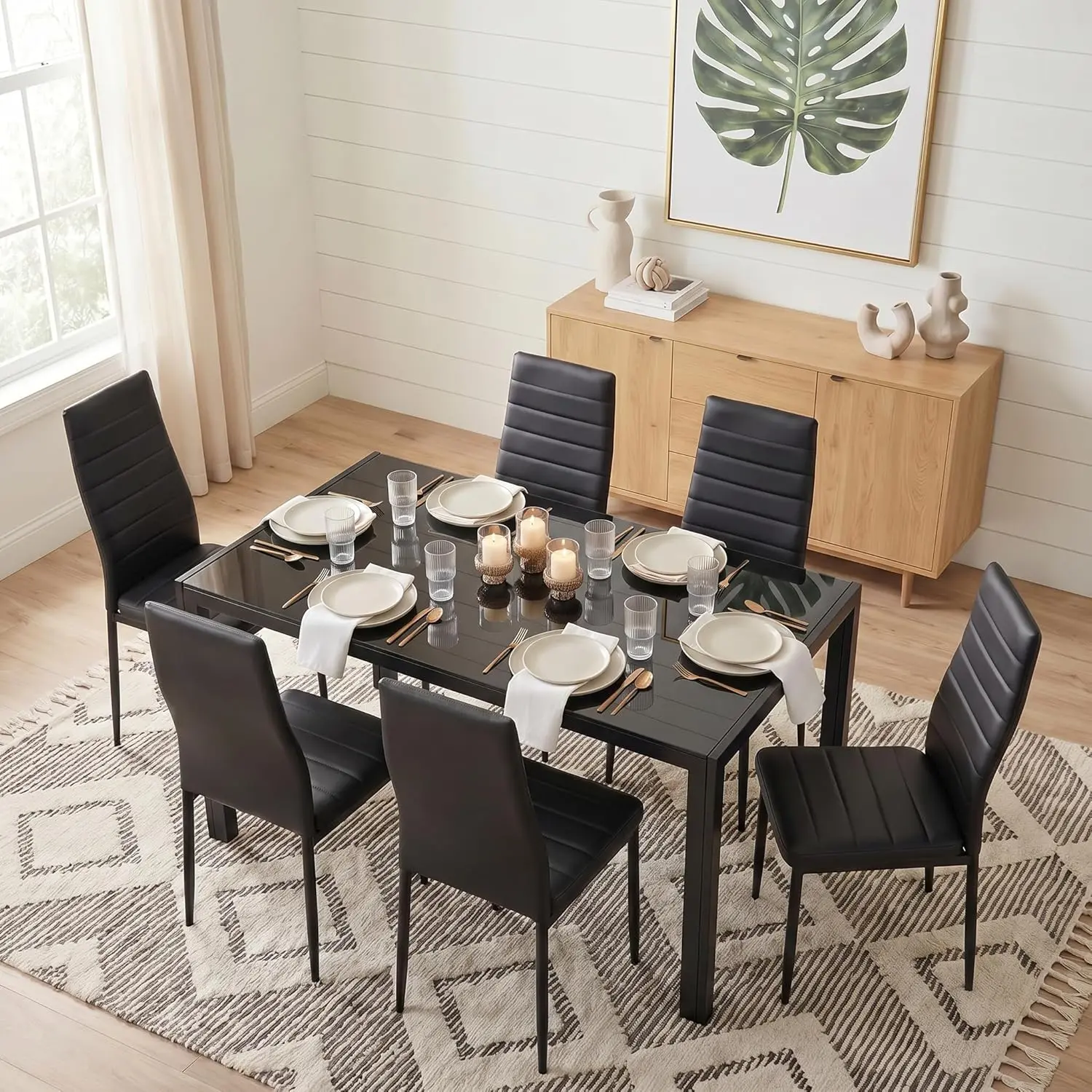 【2 Packages Shipping】Gizoon Glass Dining Table Sets for 6, 7 Piece Kitchen Table and Chairs Set for 6 Person, PU Leather Modern Dining Room Sets for Home, Kitchen, Living Room Seater Aesthetic,dorm essentials,home decor