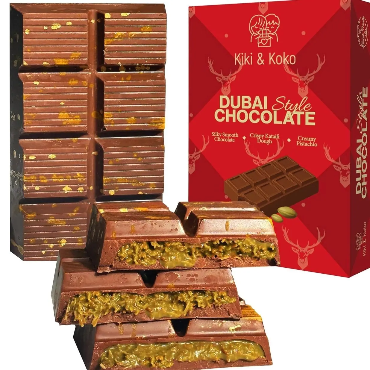 Dubai Chocolate Pistachio Bar 6.5oz - Handmade Kunafa Baklava-Inspired Dessert with European Milk Chocolate and Pistachio Cream