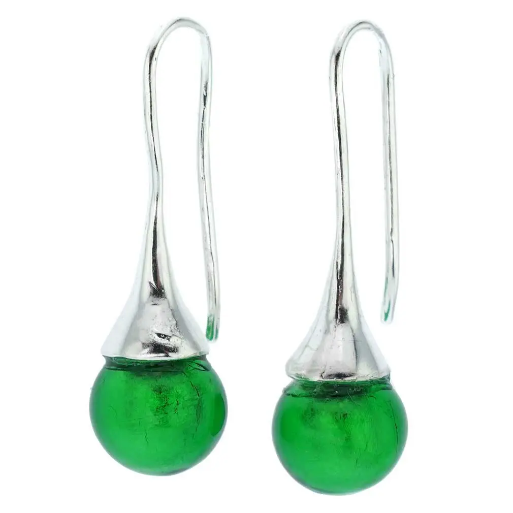 Glass Of Venice Murano Venetian Glass Round Sparkling Drop Earrings - Emerald Green, Round Green Earrings, Sparkling Green Earrings