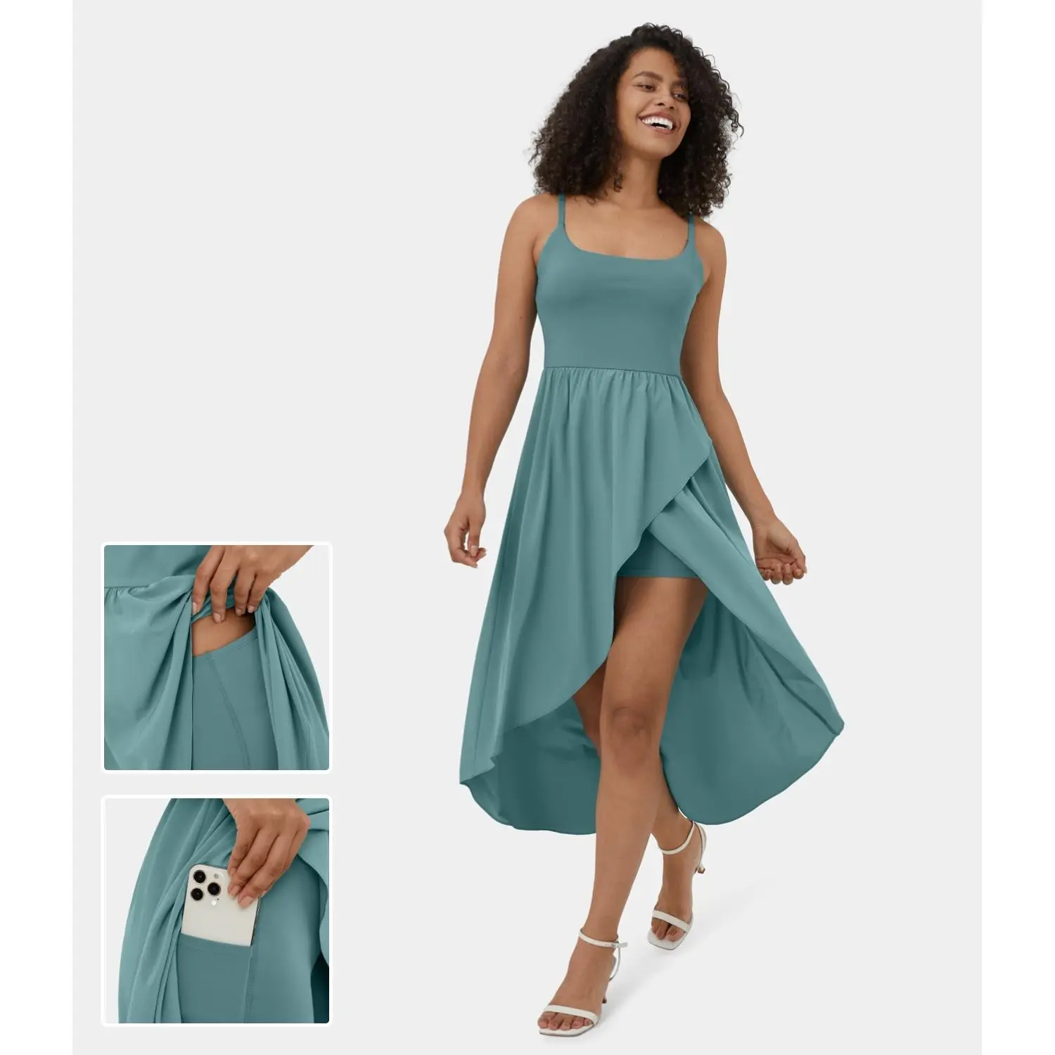 Halara Breezeful Backless High Low 2-Piece Side Pocket Flowy Midi Quick Dry Casual Dress