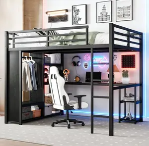 Modern Queen Size Metal Loft Bed Frame with Built-in Wardrobe,Desk and Storage Shelves, for Teens Adults Bedroom Use，Black