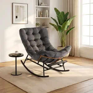 GAOMON Papasan Rocking Chair with Foot Rest, Papasan Chair with Thick Removable Cushion and Metal Frame, Lounge Chairs and PE Rattan Rocker for Patio,Grey