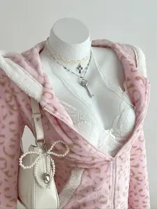 Women's Leopard Print Hooded Sweatshirt Jacket, Soft Wool-Lined Fitted Zipper Coat, Casual Fall Winter Outerwear, Back to School Home Wear, Leopard Print Hooded Coat With Zipper, Womenswear