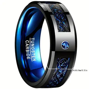 GlimmerT1 Piece 8MM Wide Inlaid Black Dragon Pattern Blue Carbon Fiber Men's Tungsten Ring US Size 7-14v