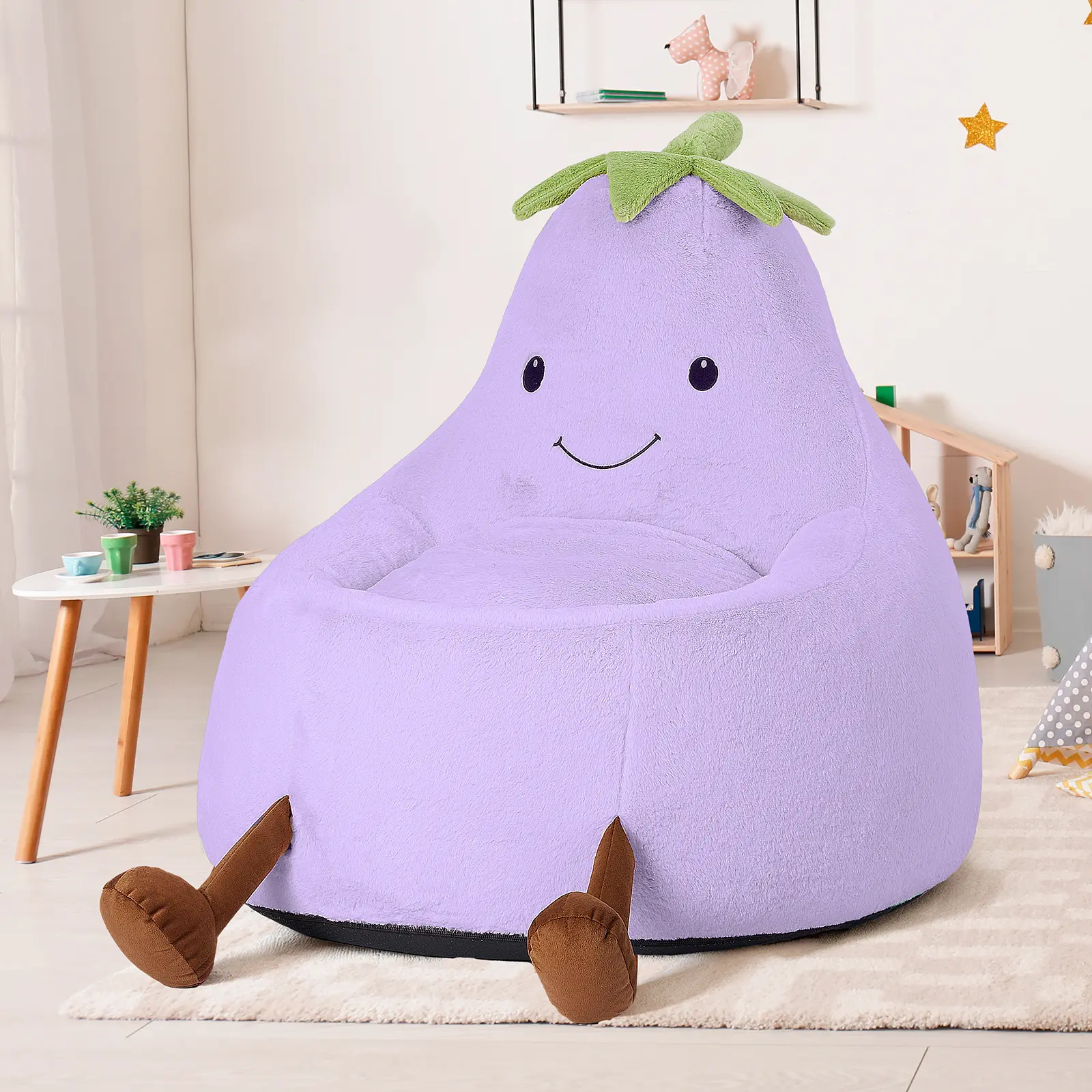 24 Inch Eggplant-Shaped Bean Bag Chair for Adults – Plush & Cozy, Detachable Cover, Non-Slip Bottom, Supportive Foam, Fun Lounger for Home Theater or Room