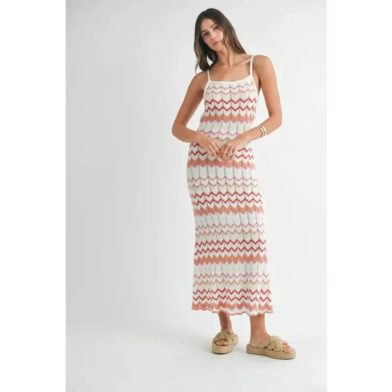 MABLE Lightweight Pointelle Chevron Knit Maxi Dress