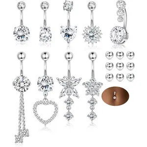 ZELORES 9/10PCS Surgical Stainless Steel Hypoallergenic Belly Button Rings with Extra Replacement Balls, Trendy Dangle Belly Button Piercing Jewelry for Women, 14G - Silver Plated/14K Gold Plated/Rose Gold Plated