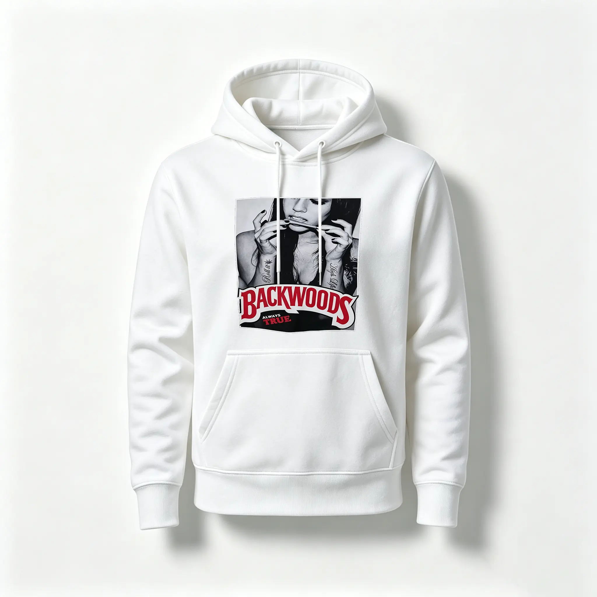 Hip hop street dual-color hooded sweatshirt, vintage square graphic, “Backwoods” letter logo print, oversized baggy silhouette, light plush lining, teen urban casual outerwear Streetwear Long Sleeve