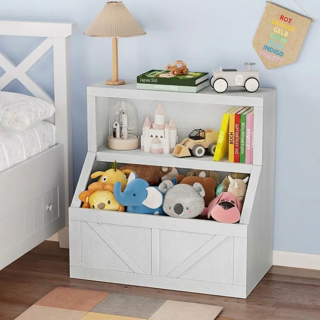 Toddler Bookshelf with Spacious Top and Toy Bins, Anti Tip Safety, Waterproof Kids Storage Unit for Nursery and Playroom