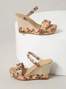 Women's Retro Floral Print Wedge Sandals, Open Toe Braided Thick Sole High Heel, Dual Strap Design Summer Casual Beach Shoes