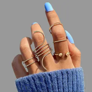 Adjustable Ins Cool Style Simple Retro Trendy Wave Open Ring Set for Women Gold Alloy Material with Lines Design