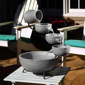 212 MAIN Smart Solar Oslo Cascading Tiered Pedestal Fountain - Dark Gray Cement, Solar Water Fountain for Outdoor Garden Decor, Solar Fountain Pump, Outdoor Water Fountains