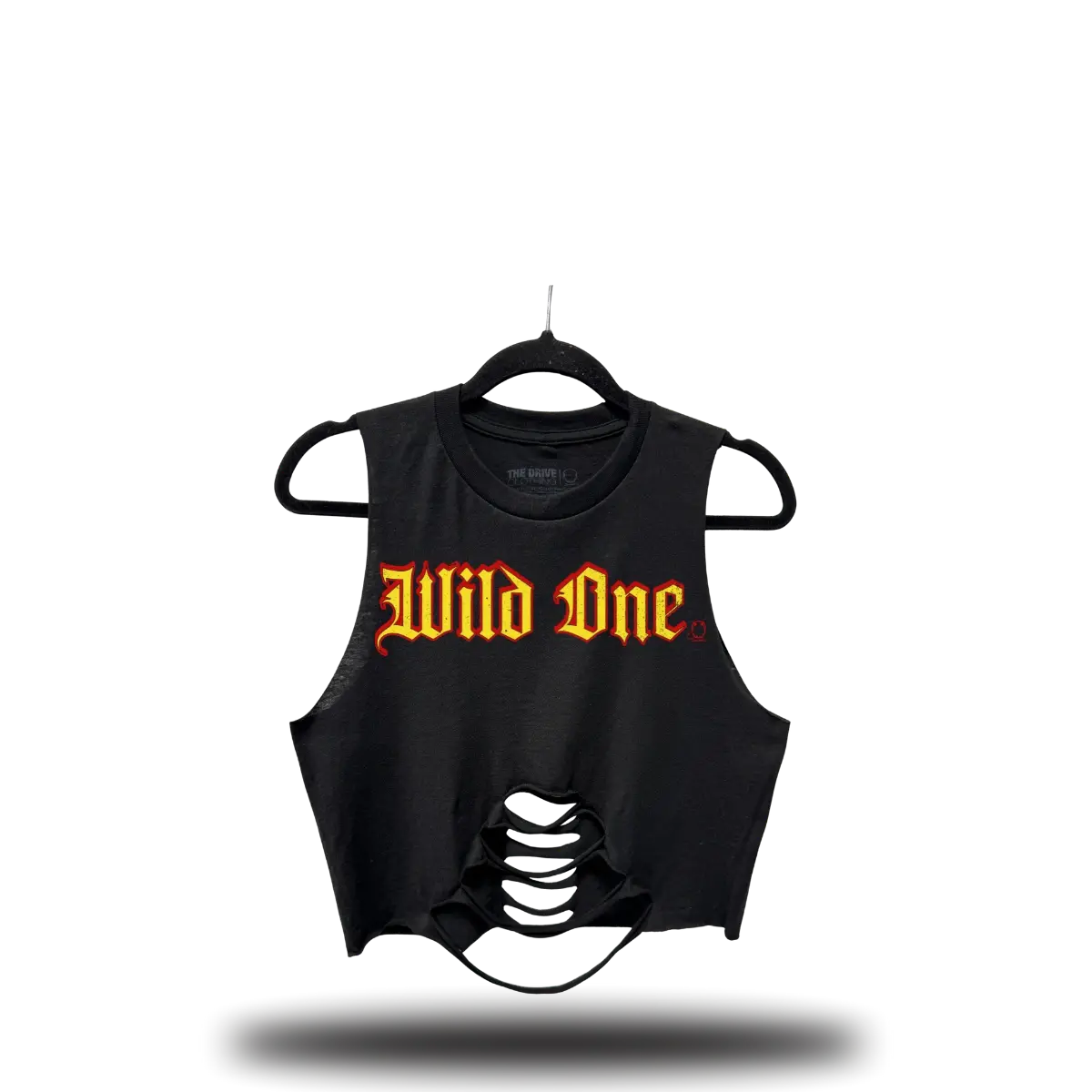 TheDriveClothing WILD ONE Black Road Rash Mid Spine Crop Top – Y2K Streetwear Unisex Summer Outfit, Graphic Crop Tee with Yellow & Red Print, Casual Festival, Gym, Layered Bold Fashion