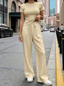 Women's 2-Piece Set Round Neck Short Sleeve Long Pants Casual Sportswear Slim Fit Plain Tee and Pants Two Piece Set