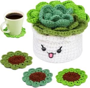 Crochet Kit for Beginners, 3 count Coasters Potted  Crochet Starter Kit for Beginners Adults, Knitting Kit with Step-by-Step Video Tutorials and Crochet Yarns