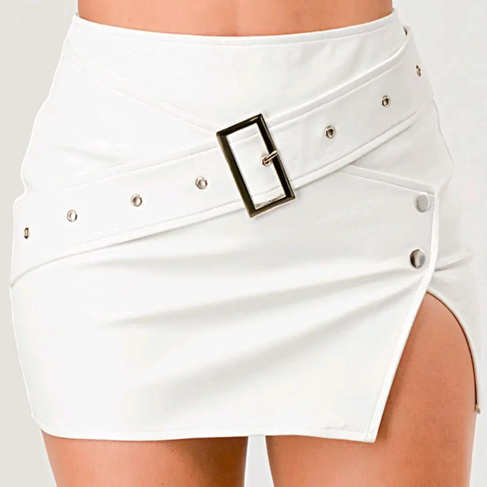 Leather-effect Miniskirt with Buckle Detail and Side Slit White Fashion Skirt