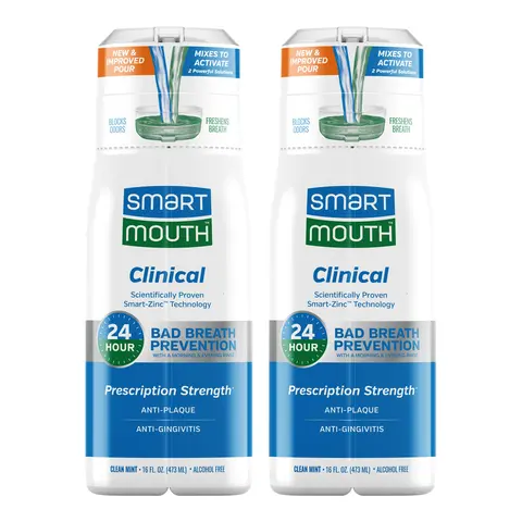 SmartMouth Clinical Zinc Activated Mouthwash - Anti-Plaque & Anti-Gingivitis for Healthy Gum Support - All-Day Fresh Breath - Alcohol-Free, Sugar-Free, & Gluten-Free - Clean Mint - 16 fl oz (2 Pack)