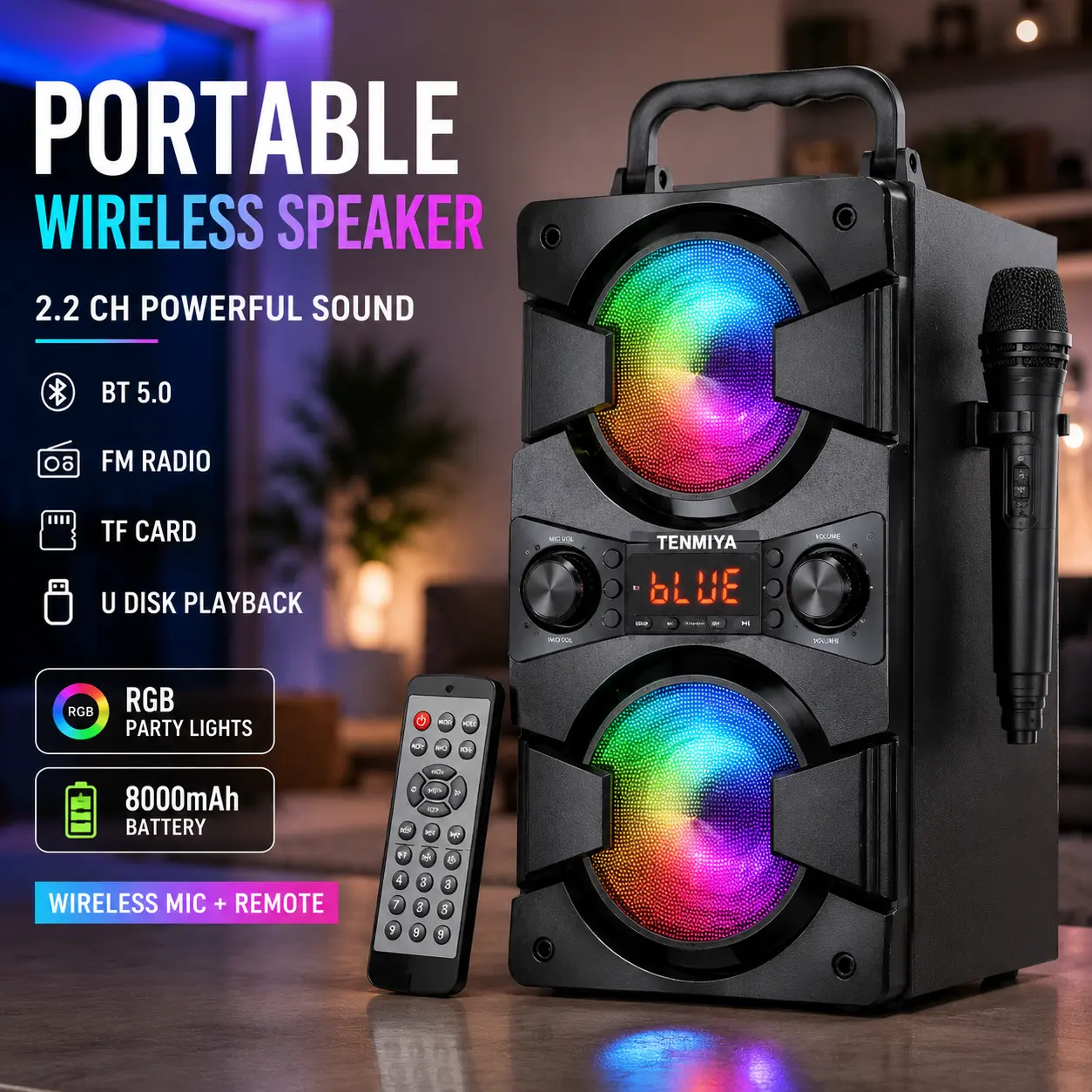 Portable Bluetooth Karaoke Speaker with RGB LED Lights, 2.2CH Wired Microphone, Handle, Rechargeable Battery, Remote Control, FM Radio, TF Card, USB Playback, AUX Connection, Rich Audio for Home Party, Outdoor Use, Mobile Phones Compatible, Tablet, Speake