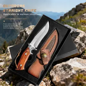 Outdoor Straight Knife with Handmade Leather Sheath | M390 Steel 62HRC | Wood Handle for Camping & Hunting