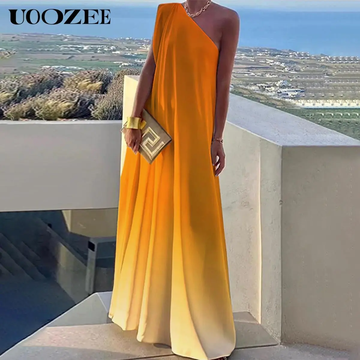 UOOZEE Women's 2025 Casual Loose Elegant Asymmetric Gradient Split-Joint One-Shoulder Maxi Dresses for Party, Wedding & Holiday (One Size Up Recommended for C - Cup and Above), Comfortable, Fit