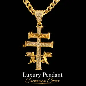 14K Gold Plated Finish Iced 2.4"x1" Out Hip Hop Cruz de Caravaca Premium Pendant Charm Necklace For Men and Women