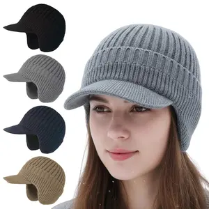 Winter Warm Fleece Lined Knit Hat for Women Men with Brim & Ear Flaps Elastic Stocking Caps Soft Beanie Hat for Cold Weather Gifts in Black Grey Khaki Tibet