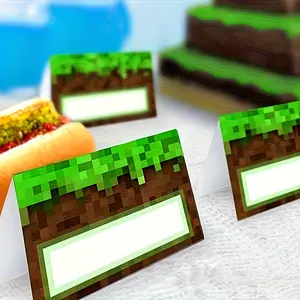 8 World Party Food Labels, Pixel Grass Block Table Cards for Birthday Party Decor, DIY World Theme Party Supplies, Creative Game Night Decoration, Party Pack