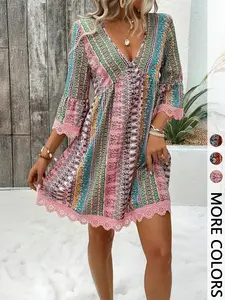 Women's Bohemian Style Vacation Valentine's Day V-Neck Long Sleeve Lace Trim Dress, Elegant Party Wear, Comfortable & Stylish