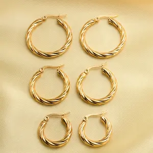 3pair Vintage Twisted Hoop Earrings for Women 18K Gold Plated Stainless Steel Twist Ear Buckle Stackable Circle Hoops Party Jewelry