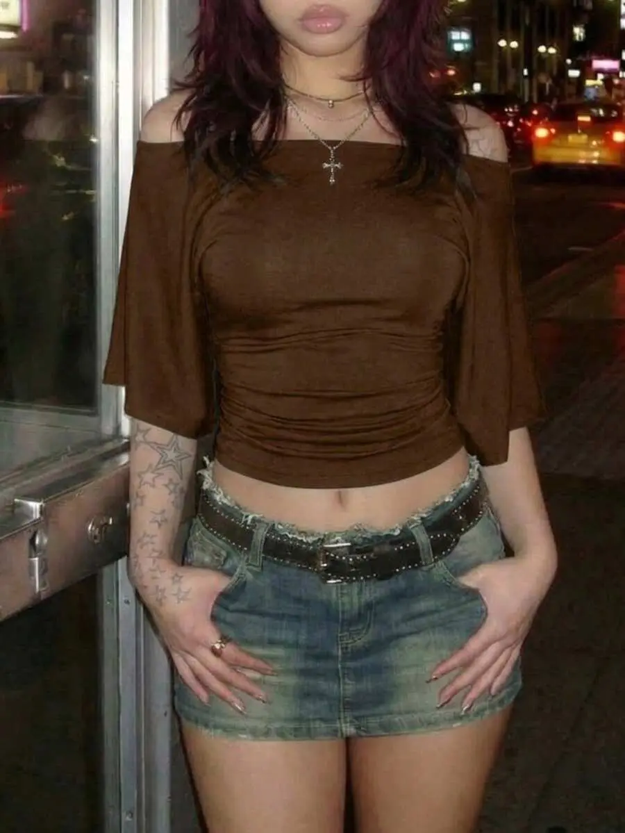 [FREE SHIPPING] Women's Solid Color Flare Sleeve Off Shoulder Cinched Waist Retro Sexy T-Shirt
