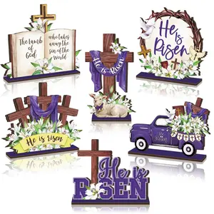 6 Piece Religious Easter Decorations, He Is Risen Desktop Decoration, Country Jesus Cross Wooden Tablet Centerpiece, Farmhouse Christian Easter Table Sign, Religious Home Decor
