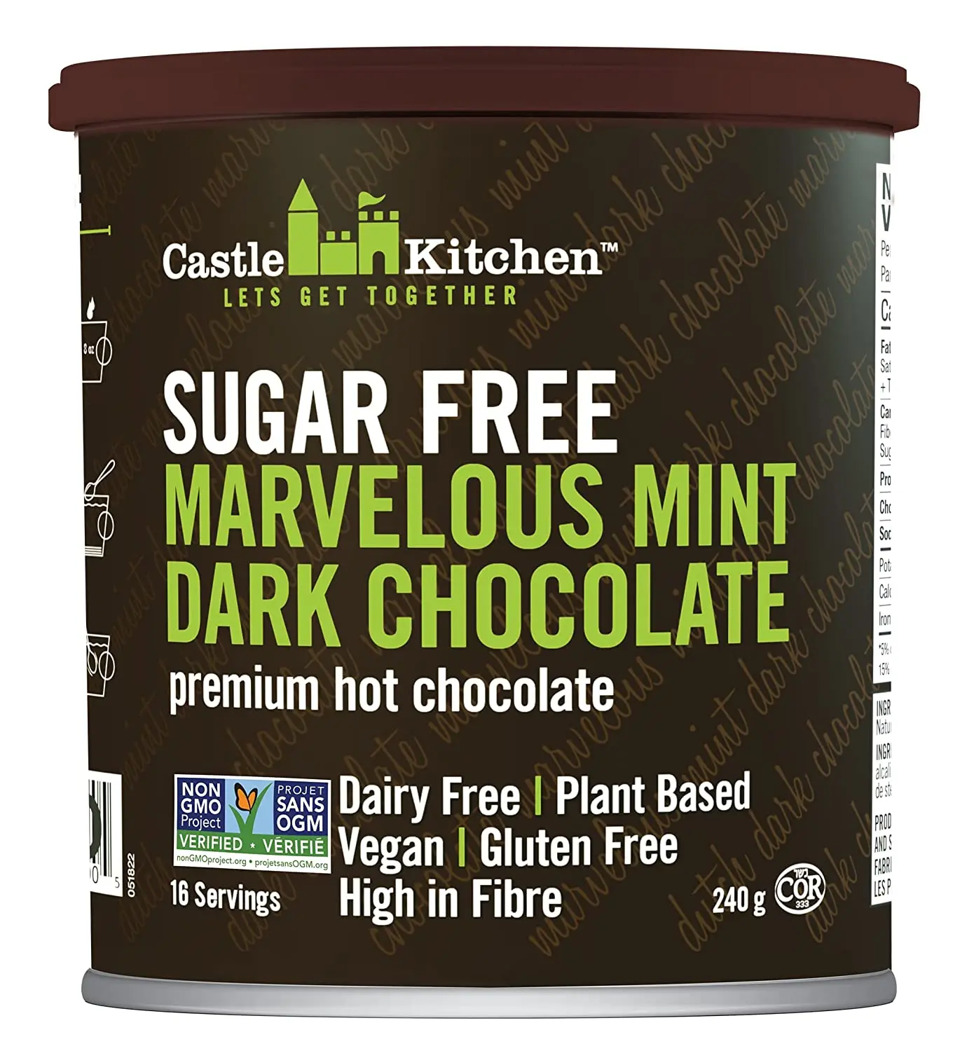 Castle Kitchen Sugar Free Marvelous Mint Premium Dark Hot Chocolate Mix (8 oz) - Winter Favorite - Vegan, Dairy Free, Plant Based - Keto & Diabetic - Mix with Milk Substitute - Good Source of Fiber