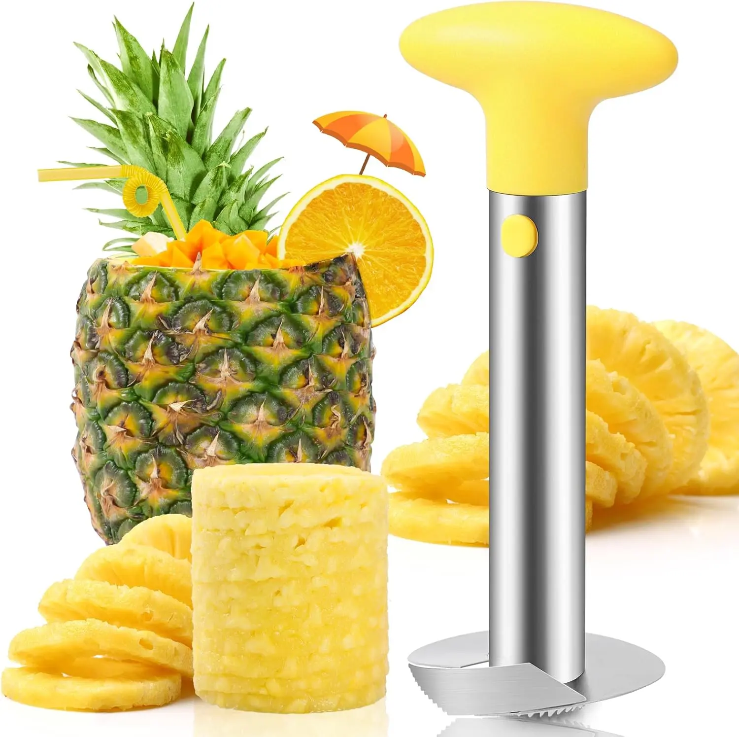 Premium Pineapple Corer and Slicer Tool - Sharp Pineapple Cutter with Serrated Tips - Easy to Use and Clean - Stainless Steel Core Remover for Pineapple - Core Fruits with Ease(Yellow)