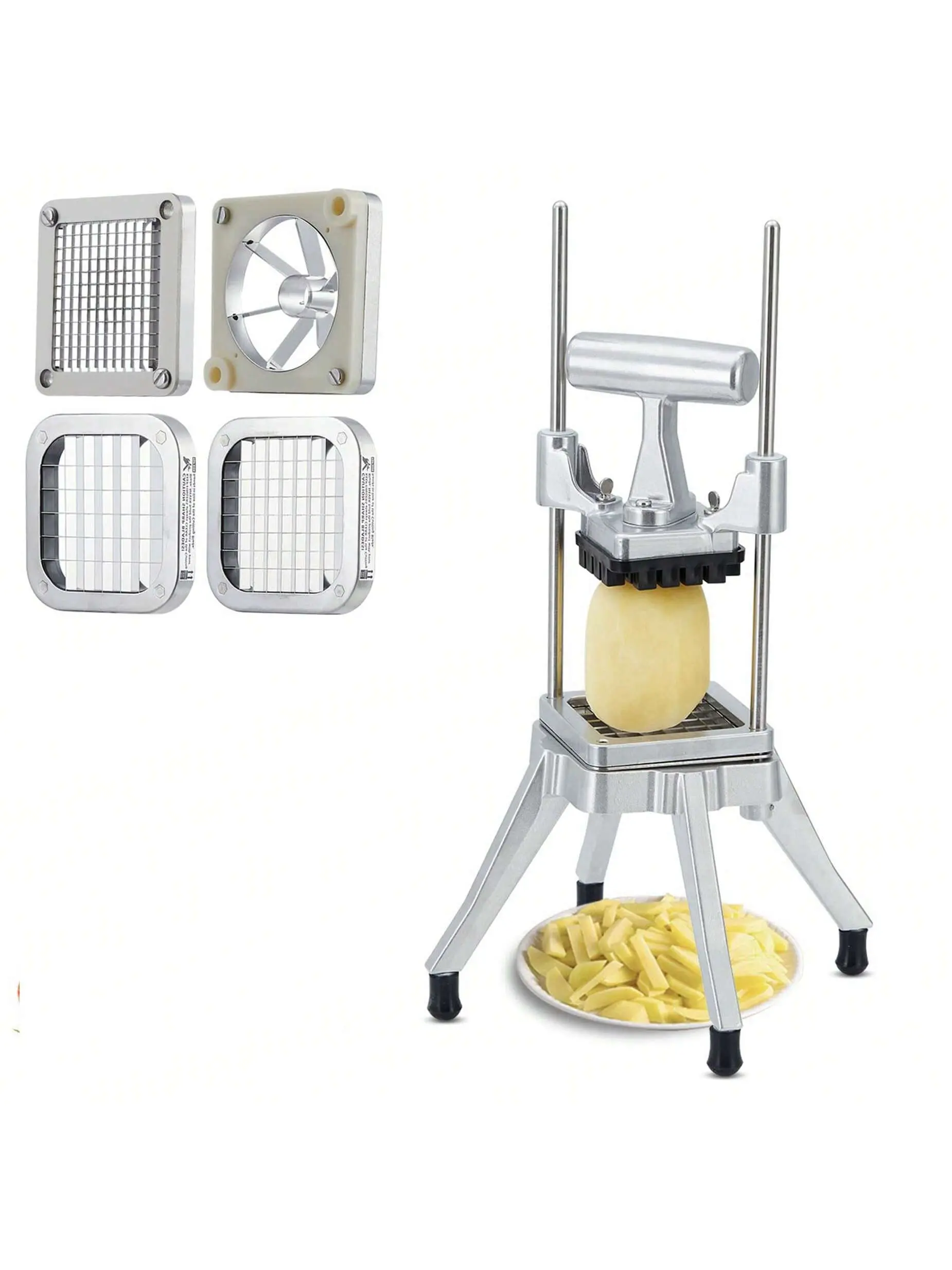 Commercial Multifunction Potato Chippers - Manual Vegetable & Fruit Chopper, Dicer, Slicer, French Fry Cutter with 4 Replacement Blades, Stainless Steel Detachable Aluminum Kitchen Utensil